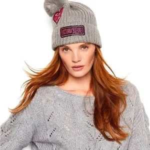 Victoria’s Secret~Gray Winter Angel Heart Logo Glitter Patches Pom Pom Hat Victoria main image 3